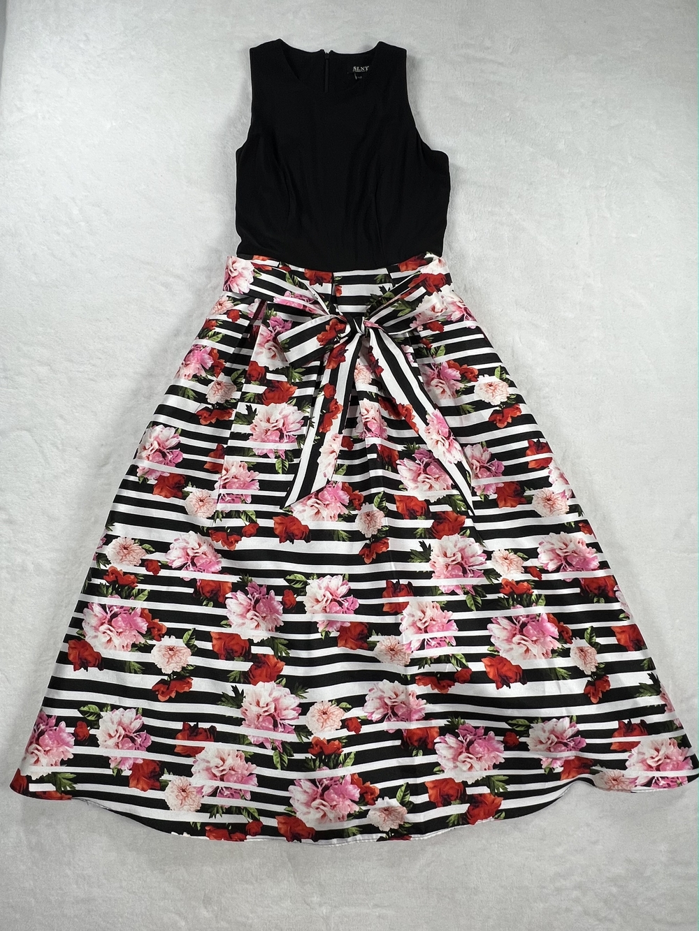 SLNY SL Fashions Floral Stripe Sleeveless Maxi Gown Dress Black Pink Size 6